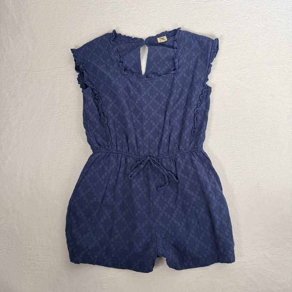 Time and Tru Navy Blue Textured Ruffle Drawstring Shorts Romper Sz M Women